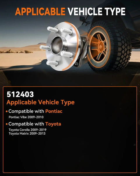Rear Wheel Hub Bearing Assembly For Toyota Corolla Pontiac Matrix Vibe 2009 To 2019 showing compatible vehicle types and model years.