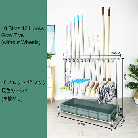 Movable Broom And Mop Holder With Stainless Steel Rack Cleaning Tool Organizer Cart With Drip Tray Umbrella Stand