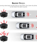 Diagram of Back Up Parking Sensor Kit for Cars SUVs and Vans with 4 Waterproof Ultrasonic Sensors Digital Control Box and Beeping Alarm Beep Two Point Five Meter Sensor Cable Detection Range 30 to 200 cm Safe Driving Assistant showing buzzer beeps with cars approaching cones.