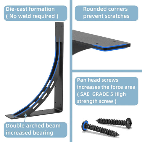Heavy Duty Shelf Brackets Set Of 2 16 By 12 Inch 1100 Lbs Max Load Rustproof Die Cast Alloy Mantel Brackets For Ultra Strong Wood Shelves Supports 16 To 24 Inch Deep Shelves 90 Degree Mount displayed with pan head screws and rounded corners.