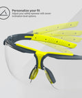 Sick Clear Vision Transition Safety Glasses With Anti Fog Coating And Scratch Resistant Lenses Featuring Adjustable Non Slip Fit For Legit All Day Comfy ANSI Certified Protection with yellow adjustable fit.