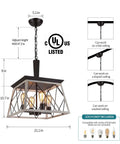 Farmhouse Vintage Chandelier Pendant Light with oak white finish, wrought iron hanging fixture, geometric cage design, E26 UL listed.