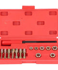 Open red case of Ultimate 15-Piece Metric Thread Repair Kit With 7 Taps, 7 Dies And File For Fixing Stripped Nuts Bolts Screws Using Carbon Steel Hex Design Tools For Auto Or General Garage Work Right Now, M6-M12