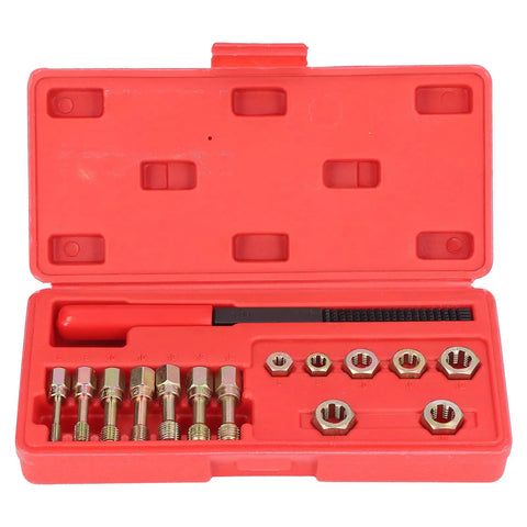 Open red case of Ultimate 15-Piece Metric Thread Repair Kit With 7 Taps, 7 Dies And File For Fixing Stripped Nuts Bolts Screws Using Carbon Steel Hex Design Tools For Auto Or General Garage Work Right Now, M6-M12