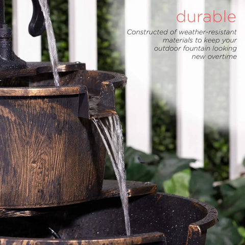 Close-up of Rustic Two Tier Barrel Outdoor Water Fountain With Chill Cascading Flow For Patio Yard Porch Or Landscape Bronze Finish