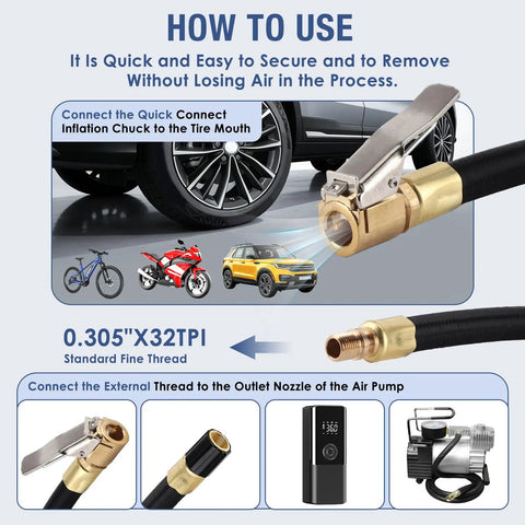 Tire Inflator Extension Hose With Quick Inflation Chuck Adapter showing connection and usage instructions