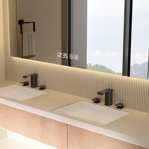 Matte Black Waterfall Bathroom Faucet, Widespread 3 Hole 2 Handle Modern Sink Faucet With Pop Up Drain in modern bathroom setting