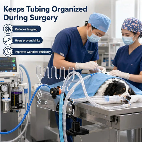 Veterinary Breathing Circuit Holder And Acrylic Tube Bracket Stand for anesthesia machines with clear acrylic tubing.