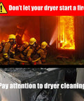 Firefighters extinguishing a house fire with burned dryer below, emphasizing need for Ultimate Dryer Vent Cleaning Kit With 35 Foot Reach And 58 Pieces Including Heavy Duty Lint Vacuum Attachment Lint Trap Brush Universal Vacuum And Dryer Adapters Drill Bit And Omnidirectional Blue Dryer Lint Vacuum Attachment For Deep Clean.