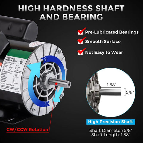 Close-up of Heavy Duty 5HP Air Compressor Motor 230V Single Phase with 5/8" keyed shaft and bearing, showcasing robust design.