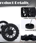 Close-up of mini black model wheel and assembly from Bulk Pack Of 300 Mini Plastic Model Wheels With 2mm Holes And 150 100mm Metal Axle Rods.