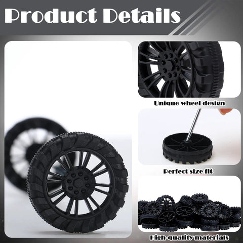 Close-up of mini black model wheel and assembly from Bulk Pack Of 300 Mini Plastic Model Wheels With 2mm Holes And 150 100mm Metal Axle Rods.