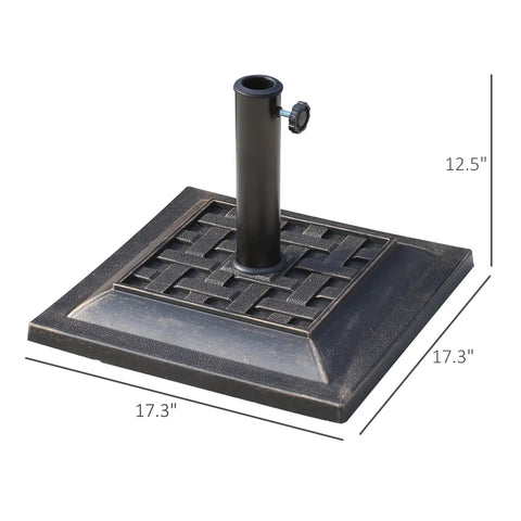 Heavy Duty Resin Umbrella Base Stand For Patio Market Parasols, Square Bronze Finish With Decorative Pattern, Fits 1.5 and 1.89 Inch Poles