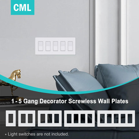 Screwless Decorator Wall Plate 2 Gang Outlet Covers Four Pack White Standard Size 4.68 by 4.72 Inches on wall near sofa.