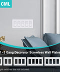 Room with couch showing Screwless 4 Gang Wall Plate White Decor Outlet Cover For Standard Size 4.68 By 8.34 Inches