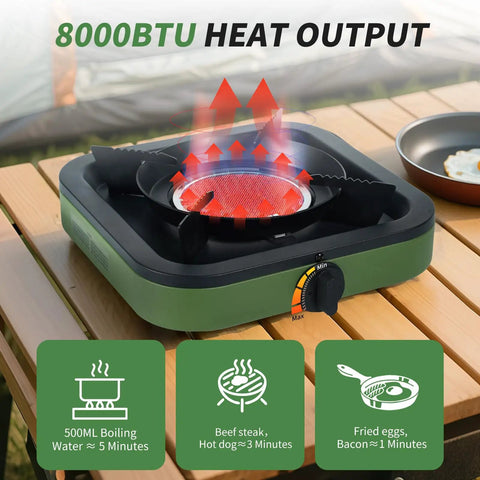 Portable Propane Camping Stove With Single Burner Windproof Design Includes Gas Hose And 10.6 Inch Carry Bag Great For Outdoor Camping Tailgating Fishing And Hunting, shown on a wooden table with heat output icons.