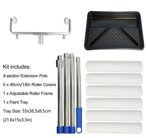 No Fuss Nonsense Paint Roller And Tray Kit With Extended Pole And Sturdy Handle For Smooth Wall Covering That Gets The Job Done Super Quick And Clean featuring extension pole, roller covers, and paint tray.