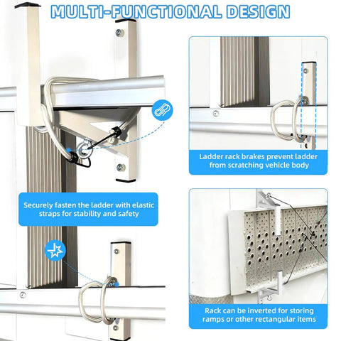 Built Like A Tank Adjustable Aluminum Cargo Trailer Ladder Rack Handles Two Heavy Ladders Without Breaking A Sweat with elastic straps for stability.