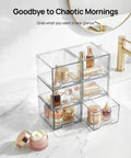 Compact Clear Stackable Storage Drawers Four Pack Super Sleek Plastic Organizer Bins For Narrow Bathroom Counters Under Sink Vanities And Kitchen Shelves Clean Up Like A Pro Fast displayed with beauty products.