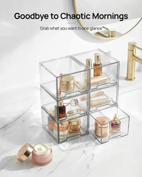 Compact Clear Stackable Storage Drawers Four Pack Super Sleek Plastic Organizer Bins For Narrow Bathroom Counters Under Sink Vanities And Kitchen Shelves Clean Up Like A Pro Fast displayed with beauty products.