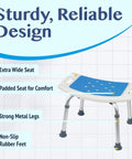 Shower Seat Inside Shower Adjustable Bath Stool With Handles Medical Shower Chair For Seniors Elderly Handicap And Disabled Easy Assembly Sturdy Lightweight Frame Supports Up To 350 Pounds with extra wide seat, padded seat, strong metal legs, non-slip feet.