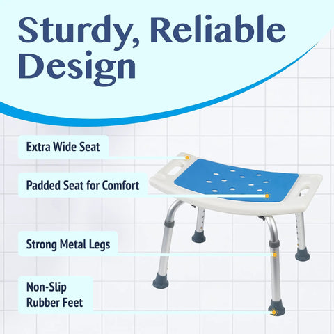 Shower Seat Inside Shower Adjustable Bath Stool With Handles Medical Shower Chair For Seniors Elderly Handicap And Disabled Easy Assembly Sturdy Lightweight Frame Supports Up To 350 Pounds with extra wide seat, padded seat, strong metal legs, non-slip feet.