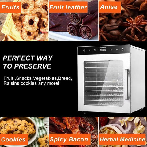 Heavy Duty 1000W Commercial Food Dehydrator With Ten Slick Stainless Trays Electric Jerky Dryer with fruits and snacks.