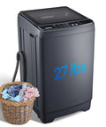 Built Tough 27 Lbs Full Automatic Washer And Spinner Combo With 10 Programs And 8 Water Levels, No Sweat Portable Laundry Machine For Tiny Apartment Dorm Or Rv Setup In Grey next to a basket of clothes.