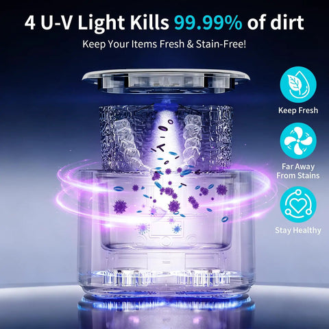Heavy Duty 50kHz Ultrasonic Cleaner For Retainers Braces Aligners Night Guards And More With Four UV Lamps 340ml Rechargeable Denture Cleaner