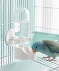 Hassle Free Automatic Bird Water Dispenser With Hanging Cage Mount For Parakeets Plus Small Flocks Featuring Leak Proof Self Refilling Trough And Zero Drama Leak Control In White Two Pack with parakeet drinking.