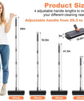 64 Inch Floor Scrub Brush With 360 Degree Swivel Head And Detachable Long Handle For Heavy Duty Cleaning Of Concrete Floors Grout Patios Decks Garages And Gardens Squeegee Included With Right Angled Bristles, showing adjustable handle lengths from 29.3 to 64 inches.