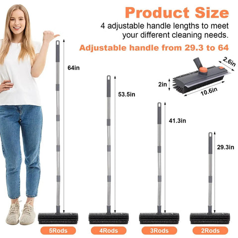 64 Inch Floor Scrub Brush With 360 Degree Swivel Head And Detachable Long Handle For Heavy Duty Cleaning Of Concrete Floors Grout Patios Decks Garages And Gardens Squeegee Included With Right Angled Bristles, showing adjustable handle lengths from 29.3 to 64 inches.