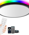 Smart Ceiling Light Fixture Black LED Flush Mount Round Light With Alexa And Google Home Voice Control Fifteen Point Eight Inch Ceiling Mount 28W Front White Plus 4W RGB Backlight Dimmable Color Changing Timer Schedule No Fuss Setup Bedroom Ambience with remote and smart speakers