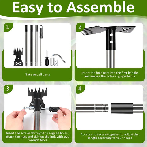 Assembly instructions for Long Handle 2 In 1 Weed Remover Tool With Adjustable Length showing steps to assemble handle and head.