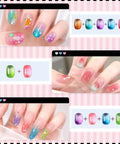 Patting Gel Palette With 12 Jelly Gel Colors Each Nail Art Kit Including 30 Soft Sponges Grabber Pen Nail Brush 4 Decorative Sticker Sheets And User Manual For Easy Ombre And Pro At Home Nail Art showing applied nail designs