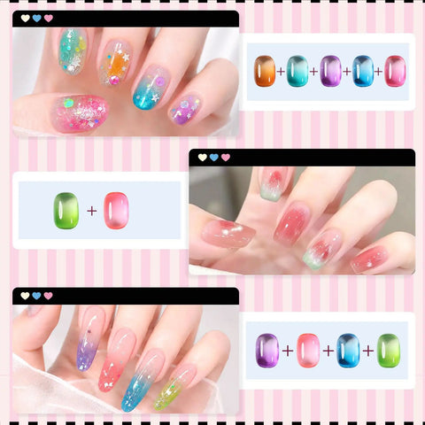 Patting Gel Palette With 12 Jelly Gel Colors Each Nail Art Kit Including 30 Soft Sponges Grabber Pen Nail Brush 4 Decorative Sticker Sheets And User Manual For Easy Ombre And Pro At Home Nail Art showing applied nail designs