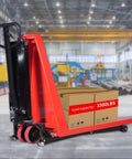 Heavy Duty Semi Electric Pallet Jack With Scissor Lift And 3300 Lbs Capacity For Easy Warehouse Moves Plus Charger Included, red with boxes.