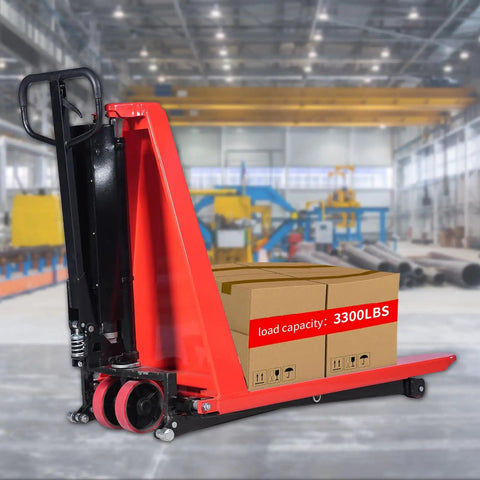Heavy Duty Semi Electric Pallet Jack With Scissor Lift And 3300 Lbs Capacity For Easy Warehouse Moves Plus Charger Included, red with boxes.