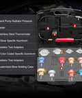Cooling System Radiator Coolant Pressure Leak Tester Manual Hand Pump Gauge 14 Piece includes pump and aluminum adapters in a case.