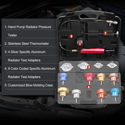Cooling System Radiator Coolant Pressure Leak Tester Manual Hand Pump Gauge 14 Piece includes pump and aluminum adapters in a case.