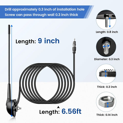 Low Profile 9 Inch AM FM Universal Antenna For Car Truck Motorcycle Boat With M6 Screw Top Or Side Mount 60 Degree Adjustable Base