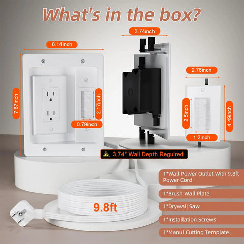 Slick In-Wall Cable Management Kit With Brush Plate for tidy cable setup, includes 9.8ft power cord, wall outlet, and installation tools.