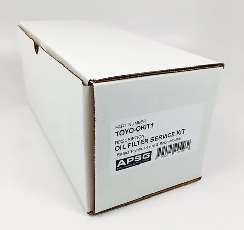 Oil Filter Kit With Housing Cap And Cap Plug box packaging, includes APSG wrench and crush washer, OEM style replacement for engines