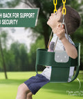 Kid Friendly Toddler Swing Seat With Coated Chains And Heavy Duty High Back Bucket For Outdoor Backyard Play in use on lawn