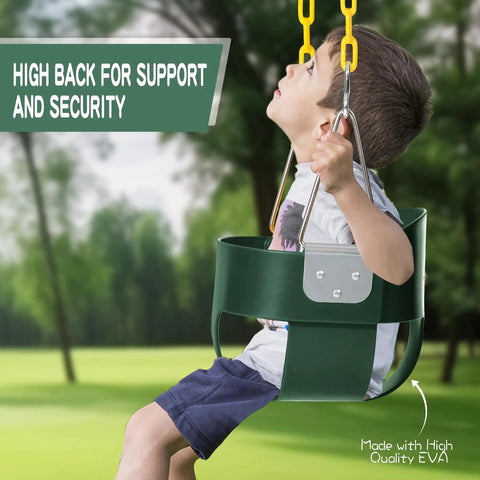 Kid Friendly Toddler Swing Seat With Coated Chains And Heavy Duty High Back Bucket For Outdoor Backyard Play in use on lawn