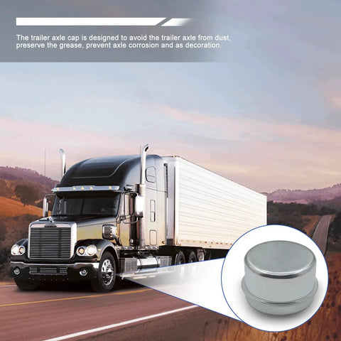 4 Pack 1.78 Inch Trailer Bearing Dust Caps Grease Cap For Three Quarter Inch Wheel Hub Axles, shown with a truck on highway backdrop