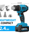 Cordless Heat Gun Kit With 1022 Degrees Fahrenheit Hot Air, Two 4.0Ah Batteries, Five Nozzles, Lightweight Portable Hot Air Tool