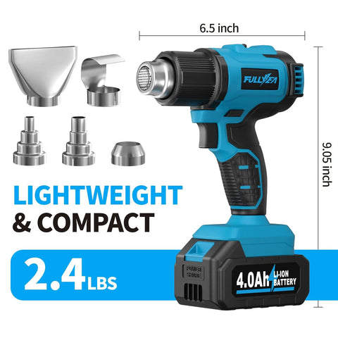 Cordless Heat Gun Kit With 1022 Degrees Fahrenheit Hot Air, Two 4.0Ah Batteries, Five Nozzles, Lightweight Portable Hot Air Tool