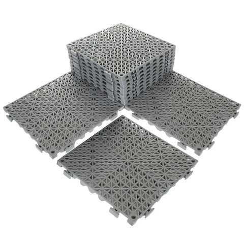 Stack of interlocking cushion PVC flooring tiles set 12x12 inches no slip drainage mats for pool patio bathroom outdoor indoor safe wet surfaces