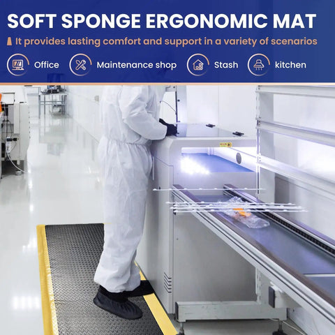 Person standing on industrial Anti Fatigue Standing Mat For Workshops 3 By 5 Feet Beefed Up Industrial Grade Ergonomic Floor Mat nearly one inch thick